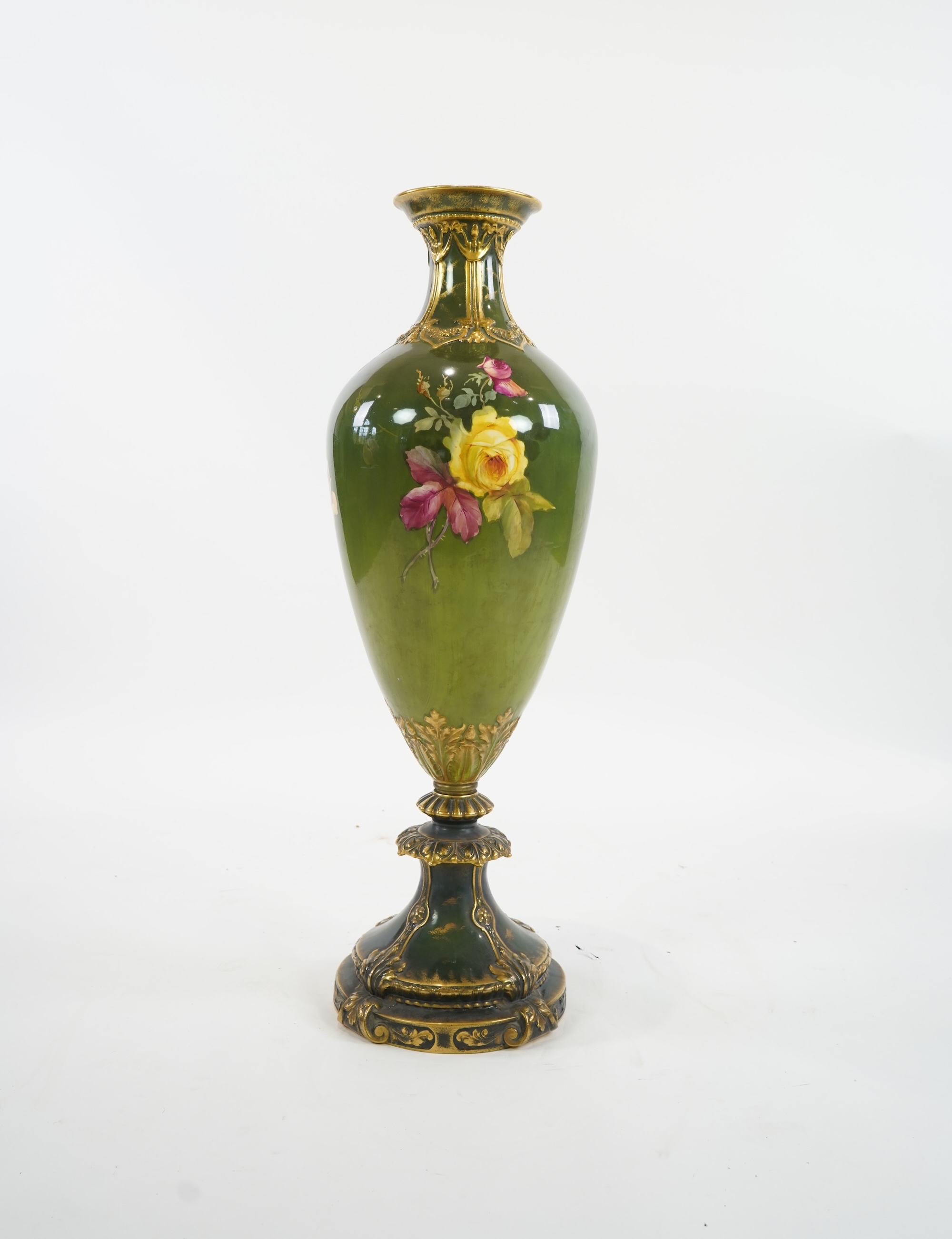 An exhibition size Continental rose painted pottery vase, late 19th/early 20th century